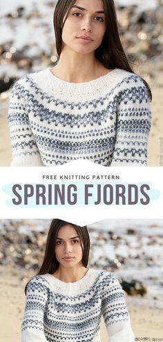 two women wearing sweaters on the beach with text reading free knitting pattern spring fiords