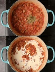 two pictures showing the process of making spaghetti and meat sauce in one pot, then adding cheese to the other