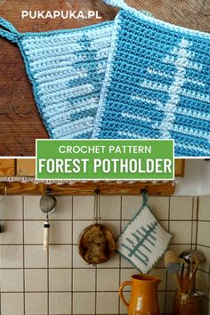 crochet pattern for forest potholder in blue and white with text overlay