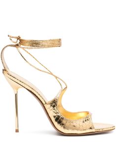 gold-tone calf leather embossed crocodile effect tie-fastening ankle strap almond open toe branded leather insole leather sole high stiletto heel Luxury Designer T-strap Sandals For Evening, Luxury Summer Heels, Elegant Luxury Strappy Lace-up Sandals, Alexander Vauthier Shoes, Ralph Lauren Gold Heels, Ninalilou Shoes, Paris Texas, Iconic Bags, Lace Up Sandals