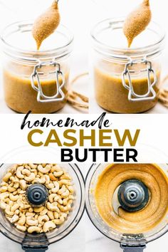 homemade cashew butter in a food processor and then being blended into peanut butter with a spoon