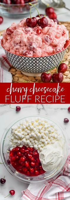 cherry cheesecake fluff recipe in a pie dish with cherries on the side