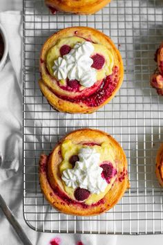 Swirls with raspberry filling topped with pastry cream, raspberries, and whipped cream. Raspberry Pastry Cream, Berry Custard Pastry, Custard Filled Pastry, Raspberry And Cream Pastry, Raspberry Almond Puff Pastry Danish, Vanilla Sponge, Raspberry Filling, Scandinavian Food, Pastry Cream