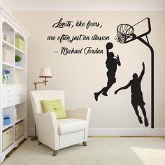 a wall decal with a basketball player dunking the ball and quote that says limits, like fear, are often just an illusion - michael jordan