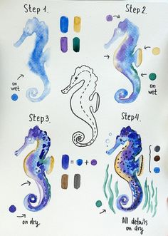 watercolor drawing of seahorses with step by step instructions to paint them on paper