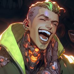 a smiling man with tattoos on his face and green jacket over his shoulders, wearing metal gear