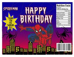 a spiderman birthday candy bar wrapper with the name happy birthday on it and a city skyline in the background