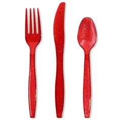 red plastic utensils with glittered handles and tails, one fork and two spoons