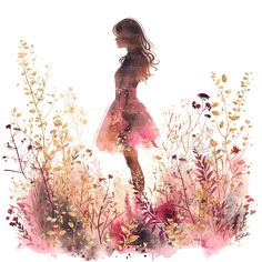 a watercolor painting of a woman in a pink dress surrounded by wildflowers