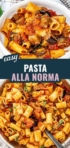 two bowls filled with pasta and sauce on top of a table