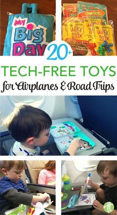 four pictures with the words tech - free toys for airplanes and road trips on them