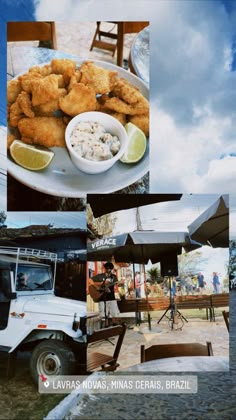 the collage shows different food items and people standing in front of an open air tent