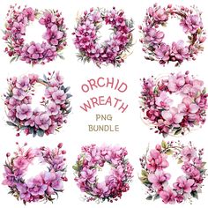 watercolor wreaths with pink flowers and greenery on them, all in different styles