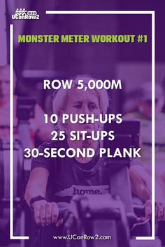 a woman in a wheelchair with the text monster meter workout 1 row 5, 000m 10