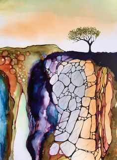 an abstract painting with a tree on top of a cliff