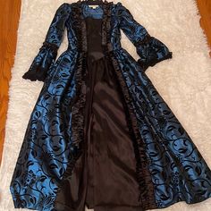 Ren Faire Marie Antoinette Georgian 18th Century Gothic Dark Fantasy Brocade Dress Vampire Theater Clothing Vintage Blue Dress For Halloween, Blue Long Sleeve Halloween Dress, Blue Long Sleeve Dresses For Halloween, Gothic Blue Costume Dress, Blue Gothic Style Dress For Fancy Dress Occasions, Gothic Long Sleeve Blue Dress, Blue Gothic Halloween Dress, Blue Long Sleeve Gothic Dress, Blue Gothic Long Sleeve Dress