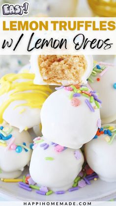 lemon truffles with white frosting and sprinkles on a plate