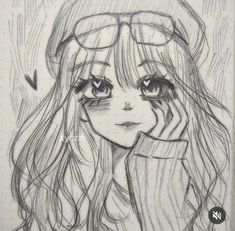 a drawing of a girl with glasses on her head and long hair, looking to the side