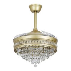 a gold chandelier with crystal drops hanging from it's center point, on an isolated white background