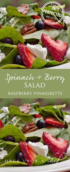 spinach and berry salad with raspberry vinaigrette on a white plate