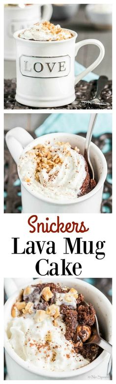 two pictures with the words snickkers lava mug cake in them