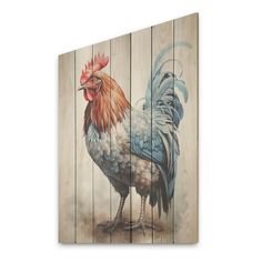 a painting of a rooster painted on wood planks with blue and red feathers, standing in front of a white background