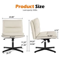 the product size for this office chair is shown in white leather and black metal legs