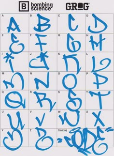 the alphabet is drawn with blue ink