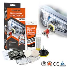 the headlight restoration kit includes polishing pads, sponges and other items for repair