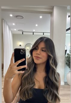 Black Hair With Caramel Balayage, Ashy Balayage On Black Hair, Smokey Brunette Hair, Latina Balayage Hair, Dark Hair With Balayage, Black Hair With Balayage, Chocolate Brown Balayage On Black Hair, Baby Lights Hair Brunette