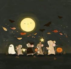 a group of mice in front of a full moon with bats and pumpkins on the ground