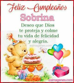 a birthday card with a teddy bear holding a cake in front of it and the words, feliz cumpleaos sobna