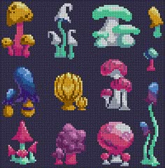 cross stitch pattern with different types of mushrooms