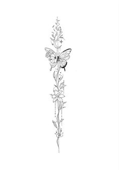 a black and white drawing of a flower with a butterfly on it's side