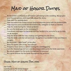 an old poster with instructions for maid of honoe - dates written in black ink