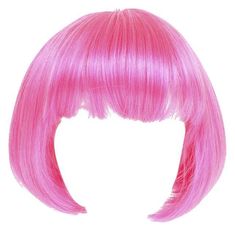 a pink wig with long bangs on the top and bottom, in front of a white background