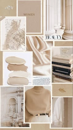 a collage of photos with white and beige colors, including the word beauty written on it