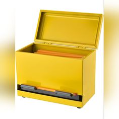 an open yellow box with files in it on a white background and the lid is closed