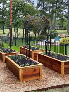 several wooden planters with plants in them on the ground near a fence and trees