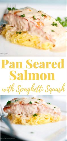 this is an image of pan seared salmon with spaghetti squash