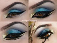 Egyptian Make Up, Egypt Makeup, Egyptian Eye Makeup, Cleopatra Makeup, Egyptian Makeup, Arabic Makeup, Gold Eye Makeup, Eye Makeup Styles, Halloween Eye Makeup