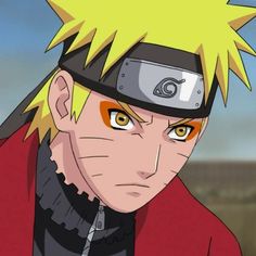 naruto is looking at the camera while wearing a red jacket and black pants