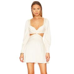 Purchased From Revolve. Nwt! Purchased For Bridal Event But Never Wore. Off-white Long Sleeve Mini Dress For Brunch, Off White Long Sleeve Mini Dress For Brunch, Chic Off White Mini Dress For Date Night, Elegant Off-white Mini Dress For Day Out, White Cutout Cocktail Dress, White Cutout Mini Dress For Brunch, Fitted Off-white Dress For Day Out, Fitted Off White Dress For Day Out, Chic Off-white V-neck Mini Dress