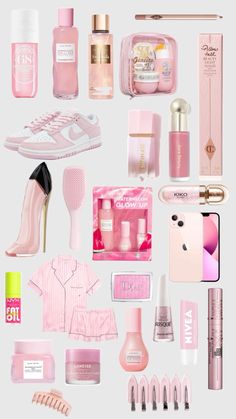 the contents of a woman's pink purse are arranged on a white background, including shoes, lipstick, and other items