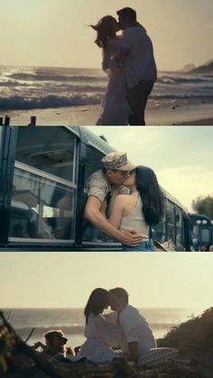 two people kissing each other on the beach and in front of a bus at sunset