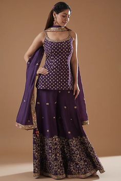 Purple Silk Organza Sharara Set Design by Punit Balana at Pernia's Pop Up Shop 2023 Silk Sharara Designs, Banarasi Sharara Suits, Banarasi Gharara, Purple Sharara, Trendy Dress Outfits, Quick Outfits, Boutique Dress Designs, Sharara Set