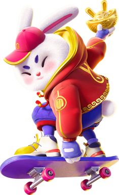 a cartoon rabbit riding on top of a skateboard wearing a red shirt and gold hat