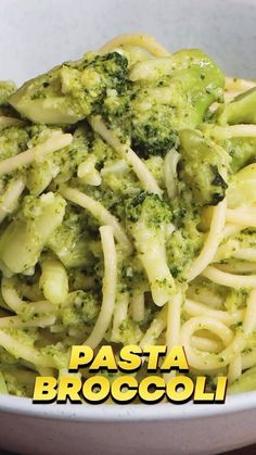 pasta broccoli in a white bowl with the words pasta broccoli on it