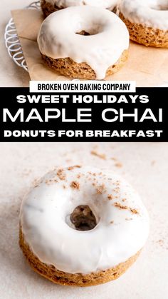 two donuts with white frosting on them and the words sweet holidays maple chai donuts for breakfast