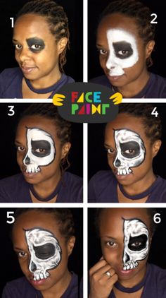 Skull Face Paint Design Half Skull Face Paint, Half Skull Face, Dinosaur Face Painting, Makeup Tutorial For Kids, Eye Face Painting